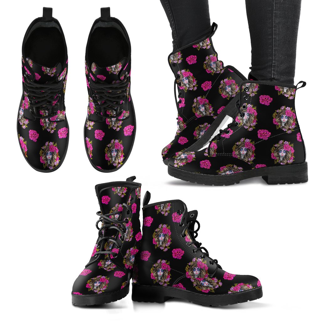 Day of the Dead Makeup Girl Women Leather Boots-JTAMIGO.COM