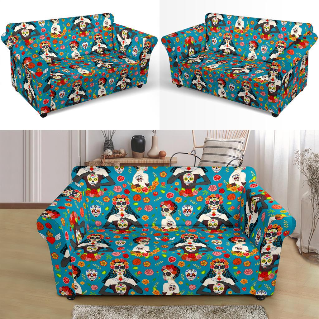 Day of the Dead Old School Girl Design Loveseat Slipcover-JTAMIGO.COM