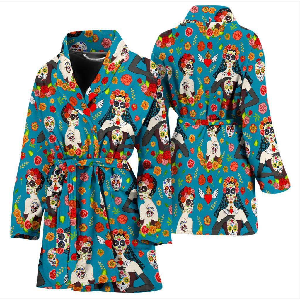 Day of the Dead Old School Girl Design Women Bath Robe-JTAMIGO.COM