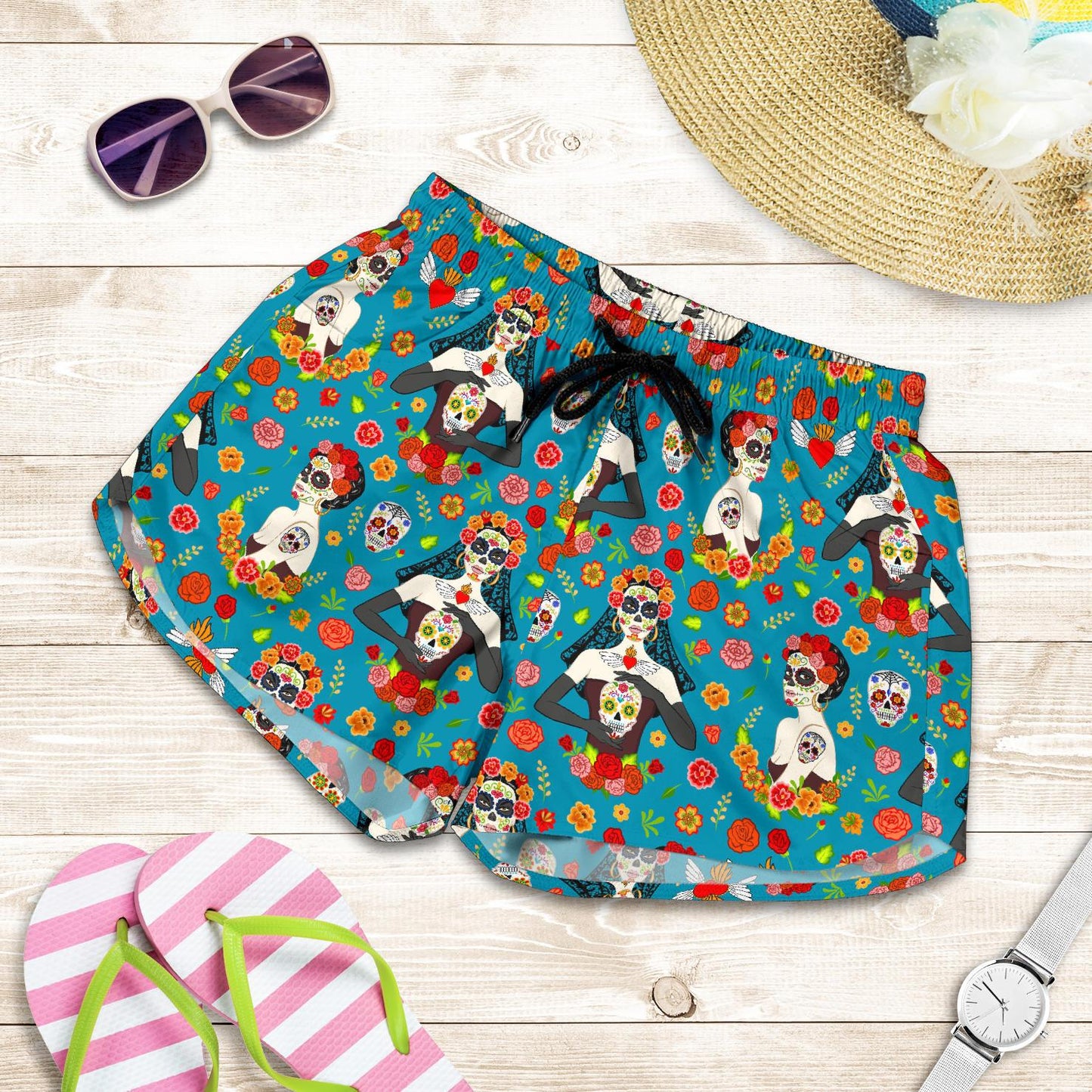 Day of the Dead Old School Girl Design Women Shorts-JTAMIGO.COM