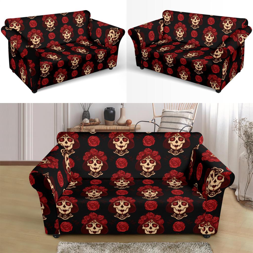 Day of the Dead Skull Girl Pattern Loveseat Slipcover-JTAMIGO.COM