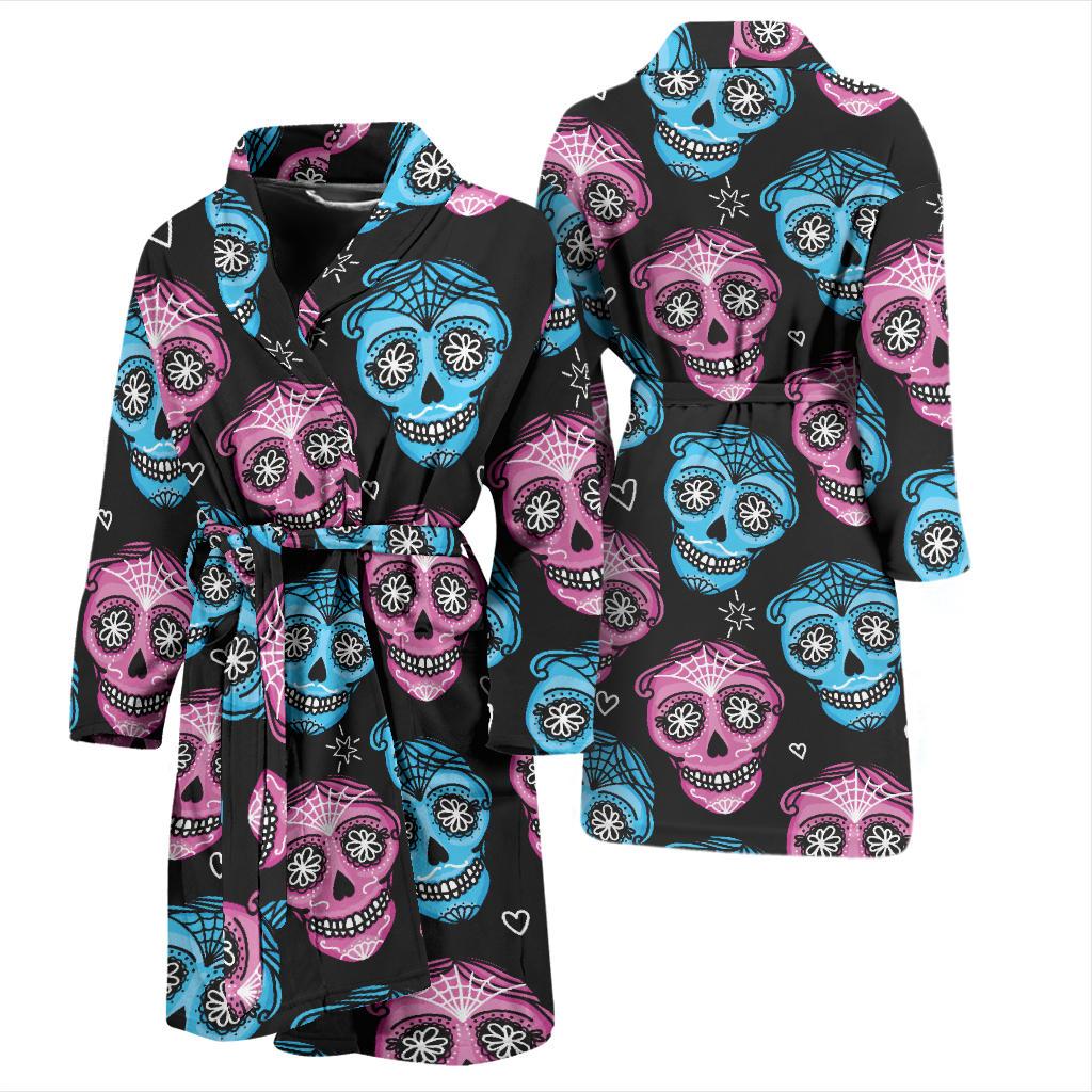 Day of the Dead Skull Print Pattern Men Bath Robe-JTAMIGO.COM