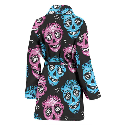 Day of the Dead Skull Print Pattern Women Bath Robe-JTAMIGO.COM