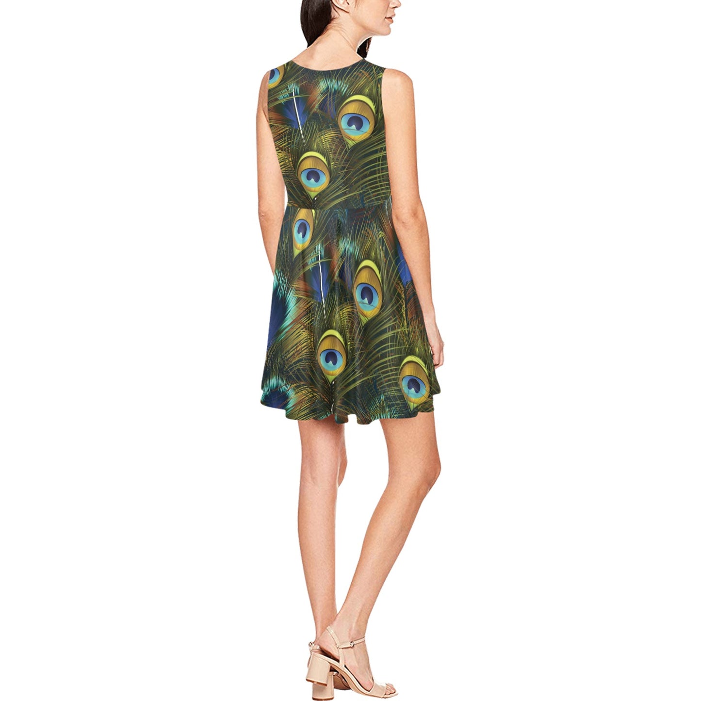 Peacock Feather Pattern Print Design A03 Sleeveless Dress