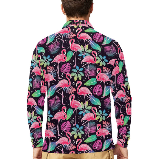 Flamingo Tropical leaves Neon Print Long Sleeve Polo Shirt For Men's