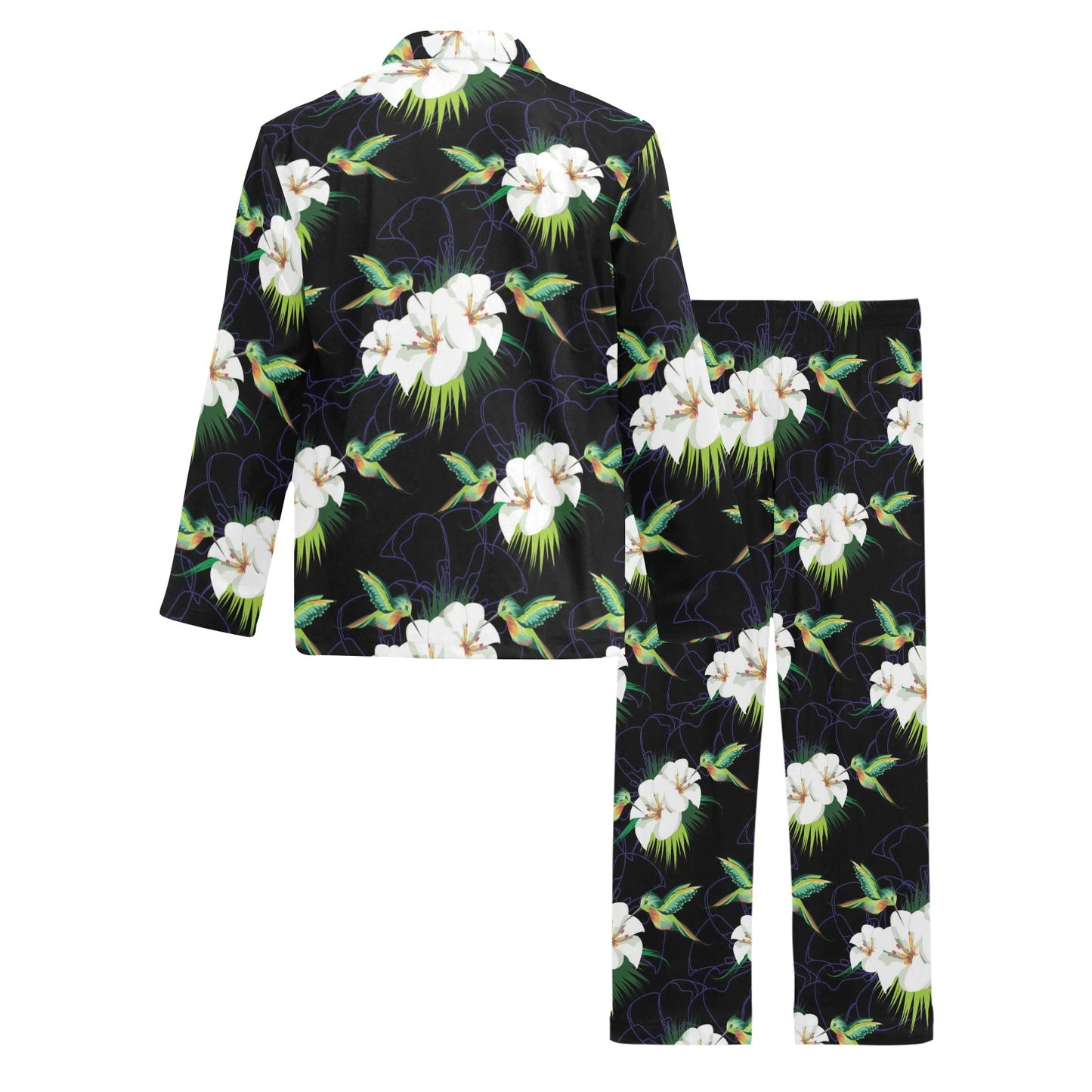 Hummingbird with Flower Pattern Print Design 03 Men's Long Pajama Set