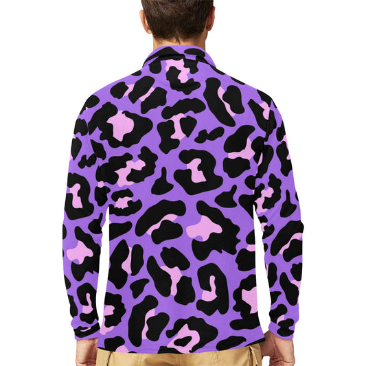 Cheetah Purple Neon Print Pattern Long Sleeve Polo Shirt For Men's