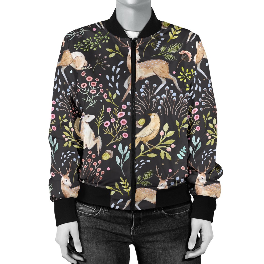 Deer Floral Jungle Women Casual Bomber Jacket