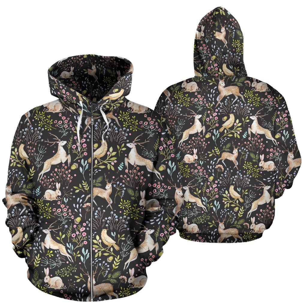 Deer Floral Jungle Zip Up Hoodie