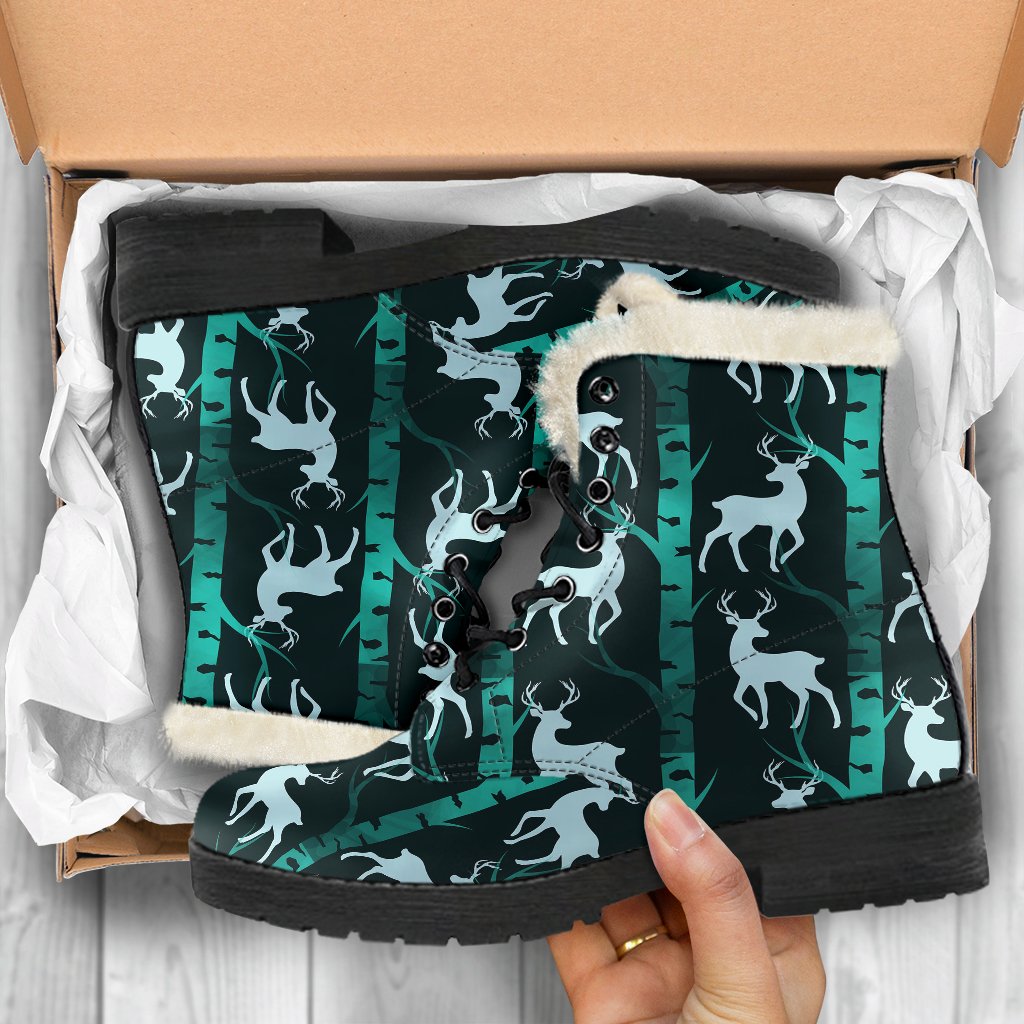 Deer Jungle Print Pattern Faux Fur Leather Boots-JTAMIGO.COM