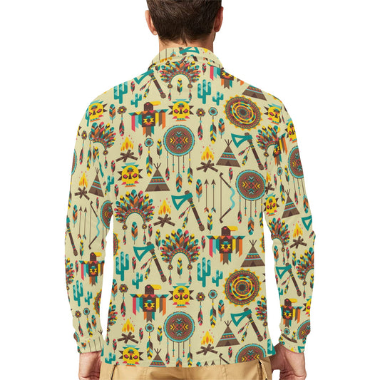 Tribal indians native american aztec Long Sleeve Polo Shirt For Men's