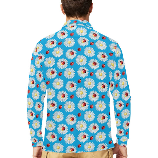 Ladybug with Daisy Themed Print Pattern Long Sleeve Polo Shirt For Men's