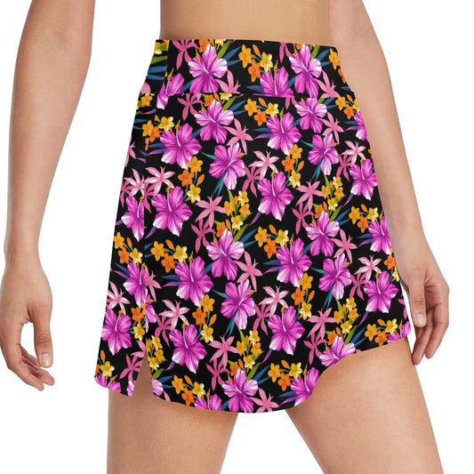 Tropical Folower Pink Hibiscus Print 17" Golf & Pickleball Skort with Pockets