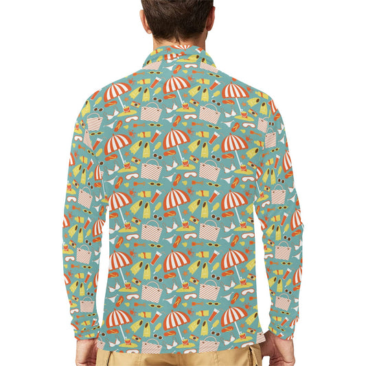 Beach Scene Pattern Print Design 02 Long Sleeve Polo Shirt For Men's