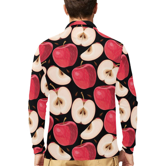 Apple Pattern Print Design AP02 Long Sleeve Polo Shirt For Men's