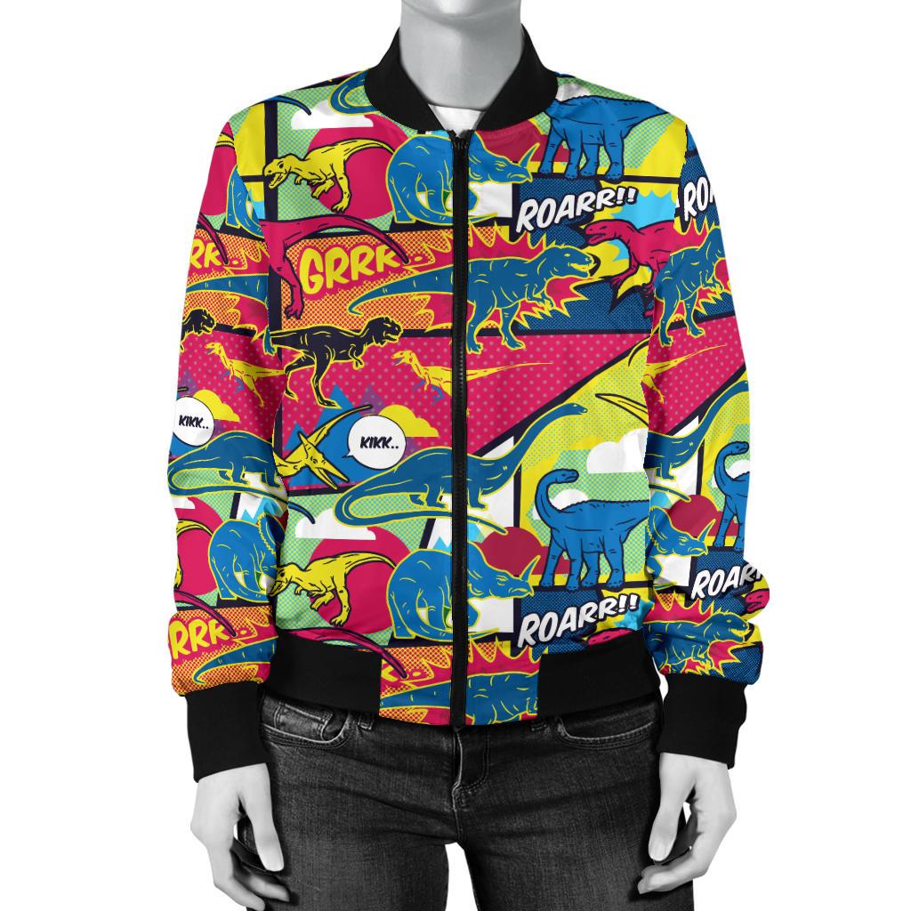 Dinosaur Comic Pop Art Style Women Casual Bomber Jacket