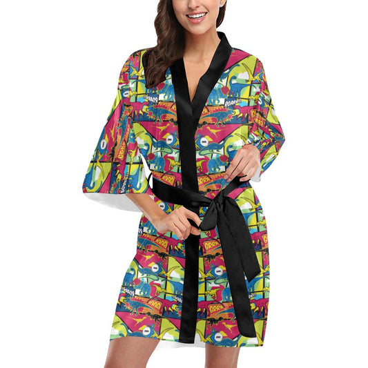 Dinosaur Comic Pop Art Style Women Short Kimono Robe