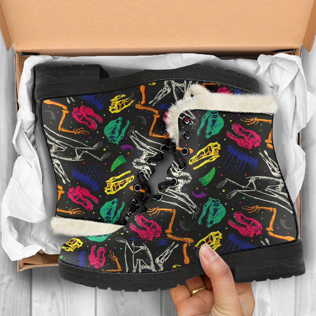 Dinosaur Skull Color Print Pattern Faux Fur Leather Boots-JTAMIGO.COM