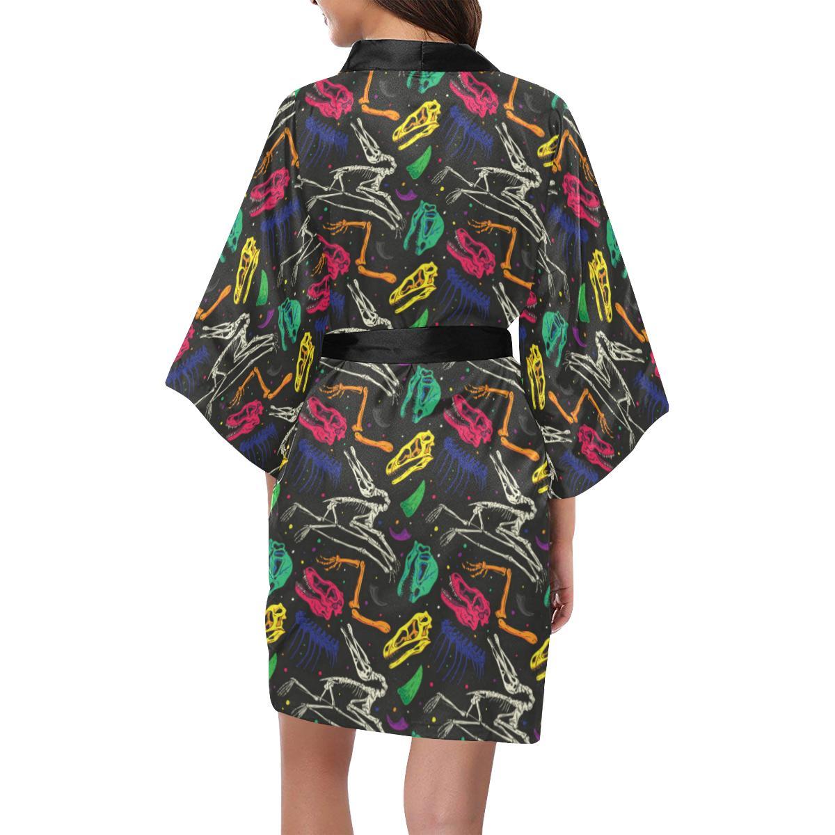Dinosaur Skull Color Print Pattern Women Short Kimono Robe
