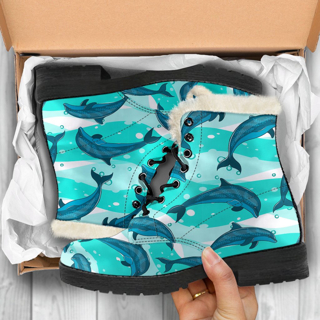 Dolphin Design Print Pattern Faux Fur Leather Boots-JTAMIGO.COM