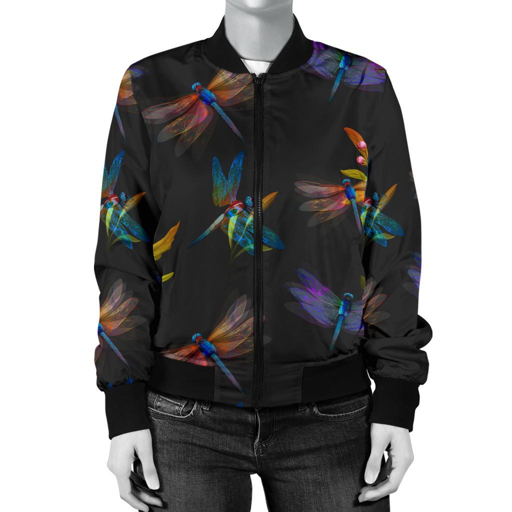 Dragonfly Colorful Realistic Print Women Casual Bomber Jacket