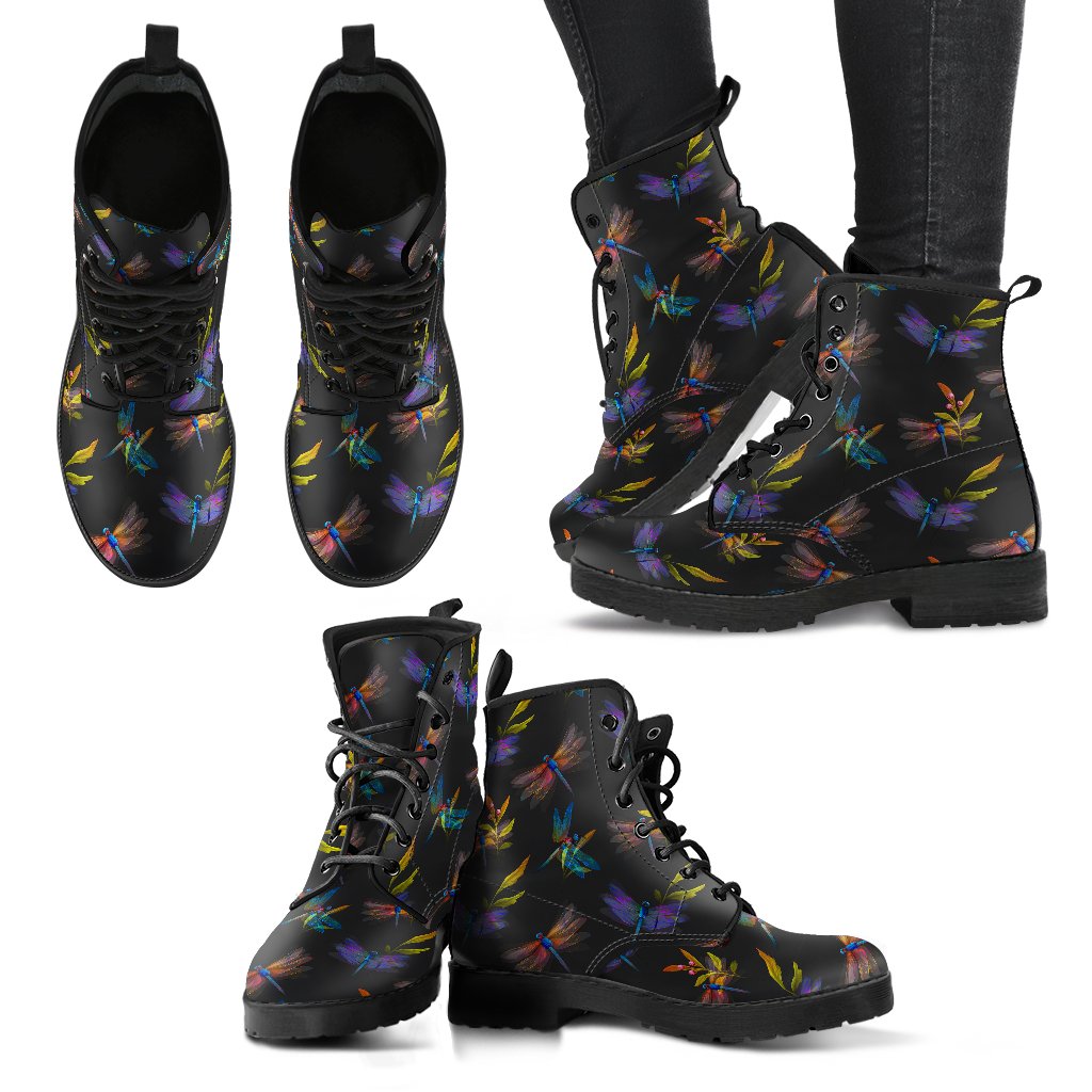 Dragonfly Colorful Realistic Print Women Leather Boots-JTAMIGO.COM