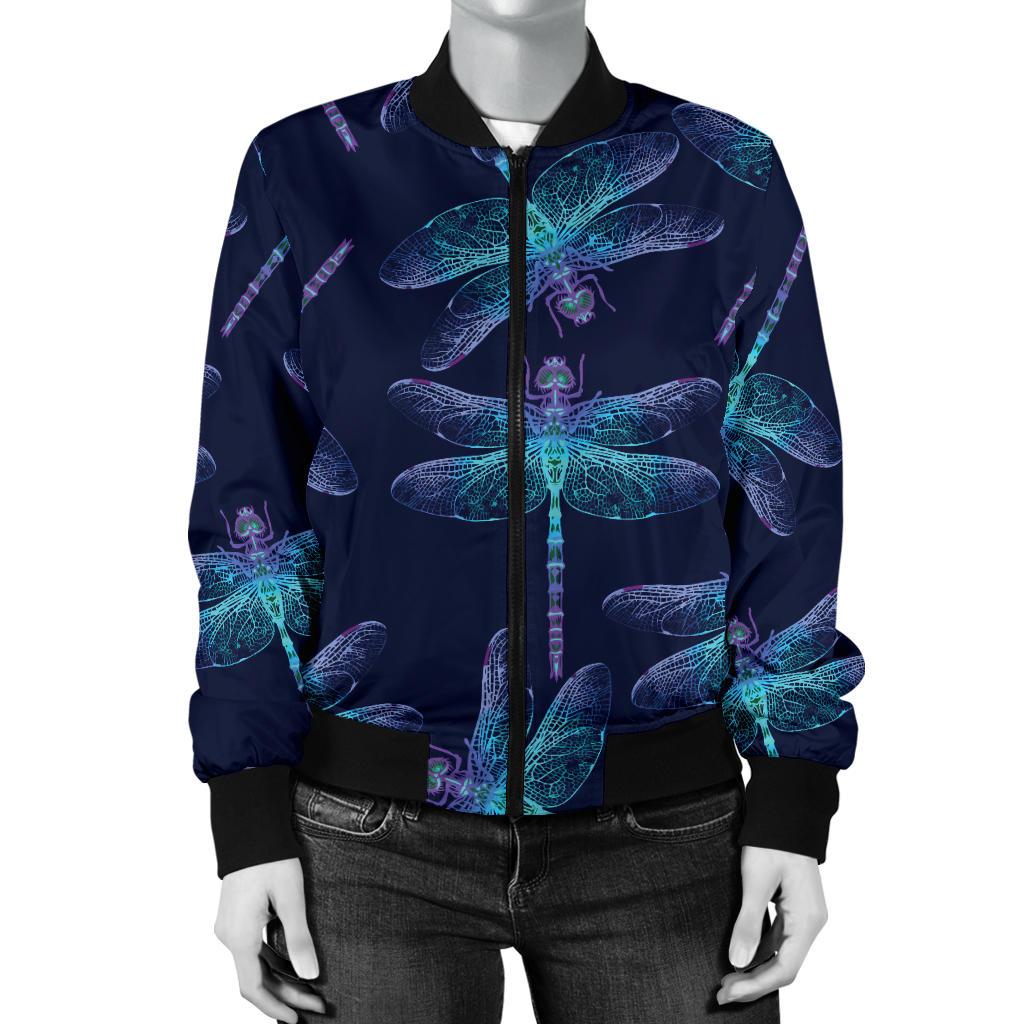 Dragonfly Hand Drawn Style Print Women Casual Bomber Jacket