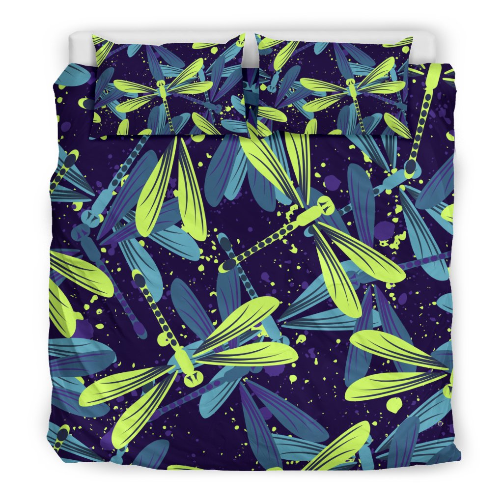 Dragonfly Lime Blue Print Pattern Duvet Cover Bedding Set
