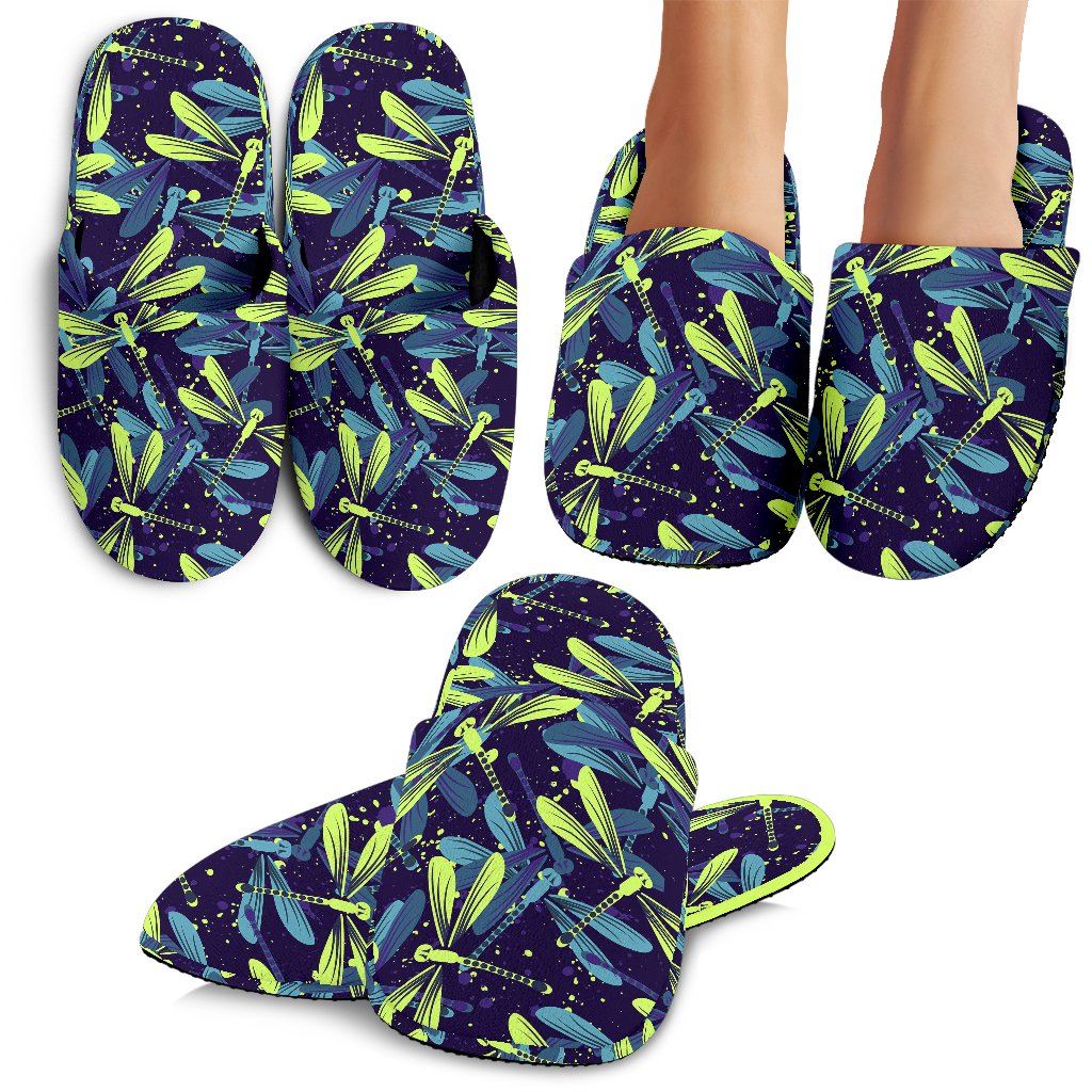 Dragonfly Lime Blue Print Pattern House Slippers