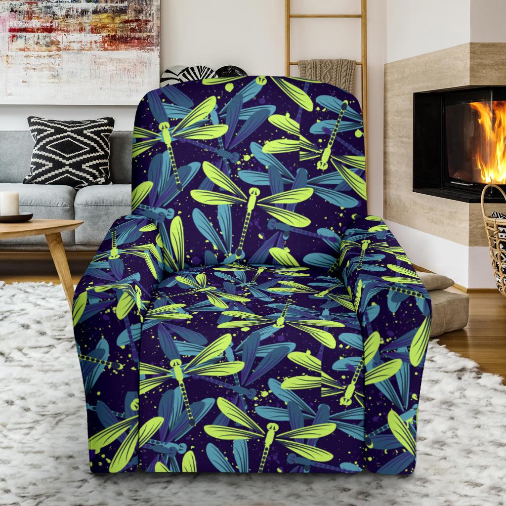 Dragonfly Lime Blue Print Pattern Single Sofa Slipcover -JTAMIGO.COM