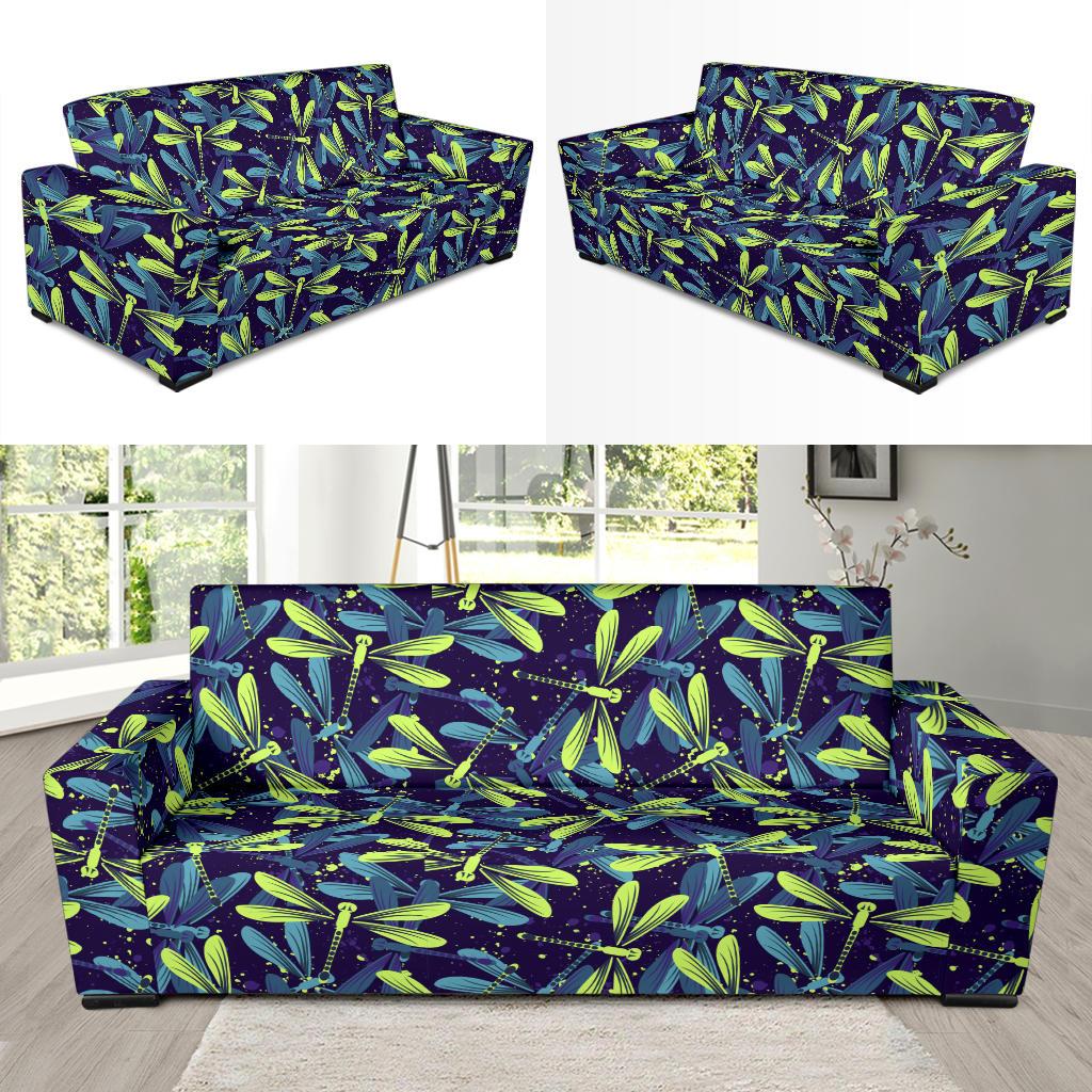 Dragonfly Lime Blue Print Pattern Sofa Slipcover-JTAMIGO.COM