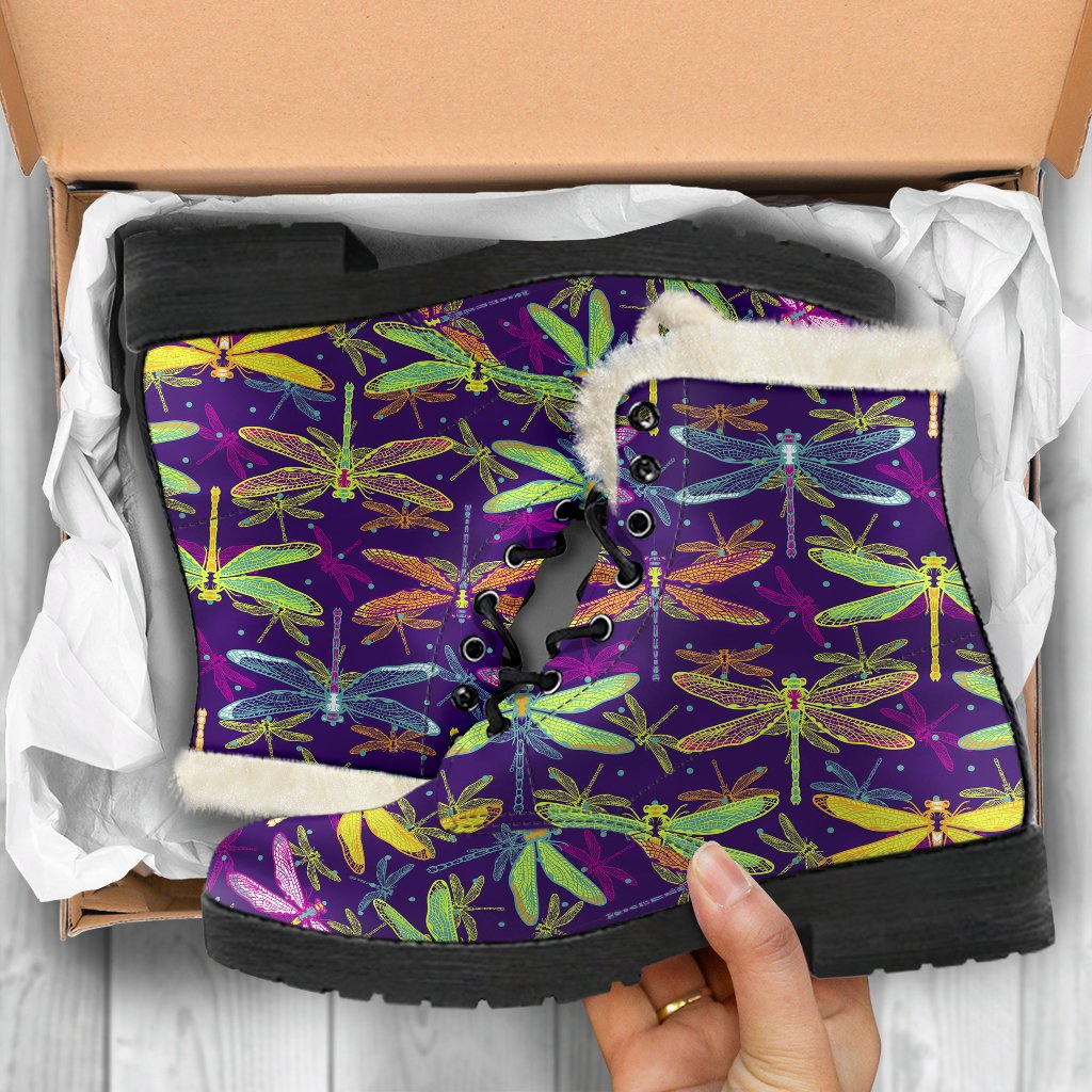 Dragonfly Neon Color Print Pattern Faux Fur Leather Boots-JTAMIGO.COM