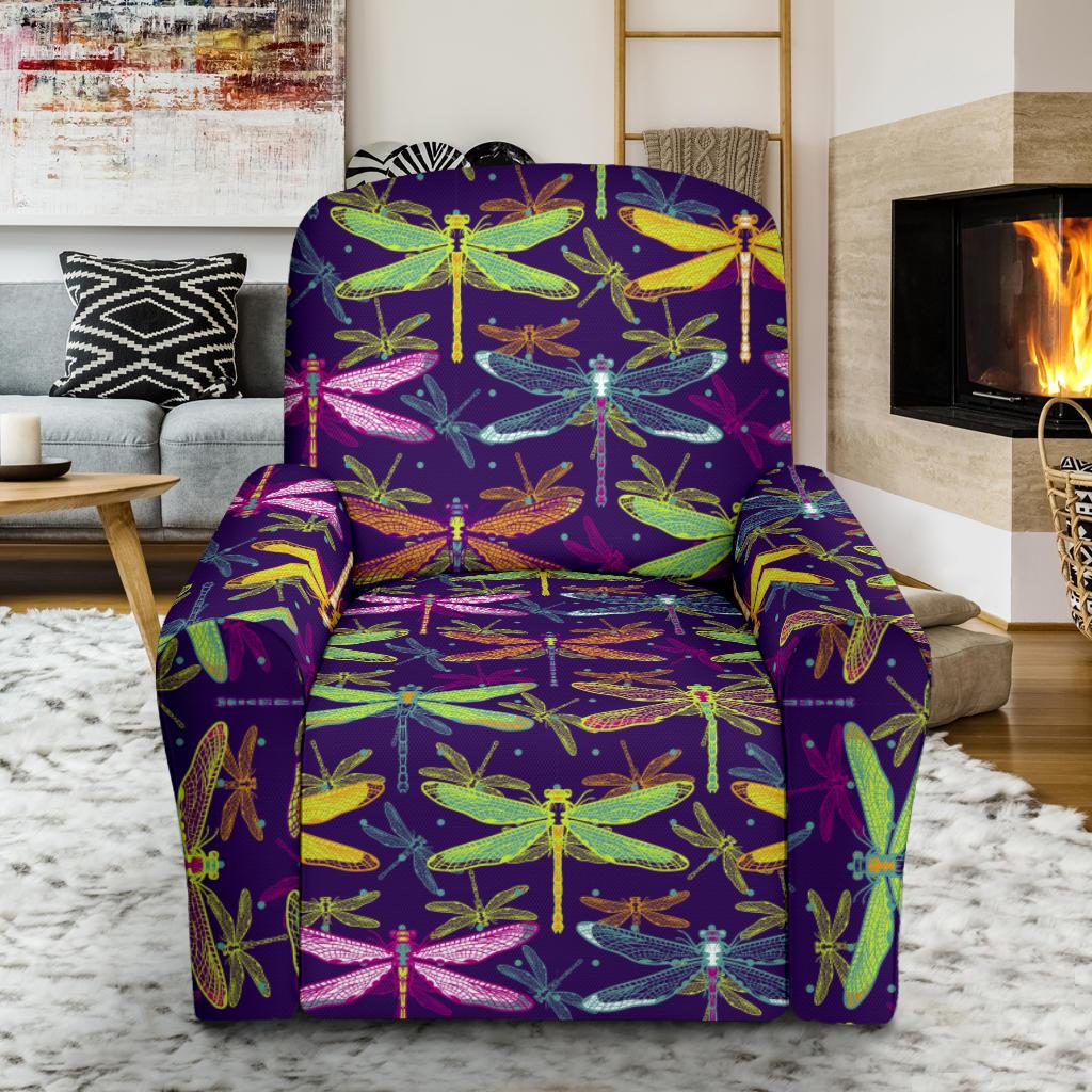 Dragonfly Neon Color Print Pattern Single Sofa Slipcover -JTAMIGO.COM