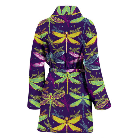 Dragonfly Neon Color Print Pattern Women Bath Robe-JTAMIGO.COM