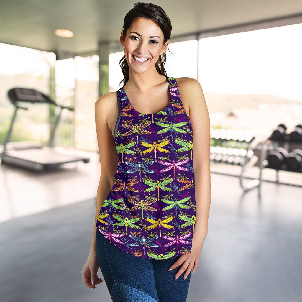 Dragonfly Neon Color Print Pattern Women Racerback Tank Top