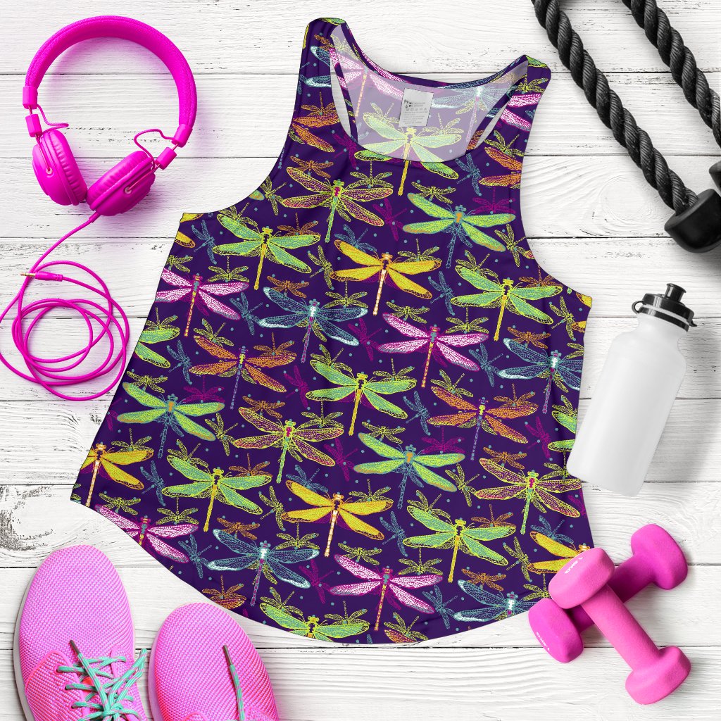 Dragonfly Neon Color Print Pattern Women Racerback Tank Top