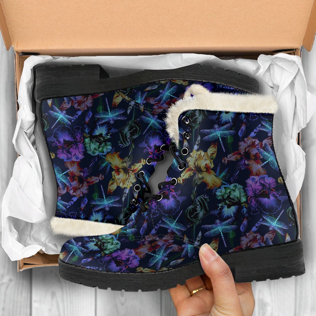 Dragonfly With Floral Print Pattern Faux Fur Leather Boots-JTAMIGO.COM