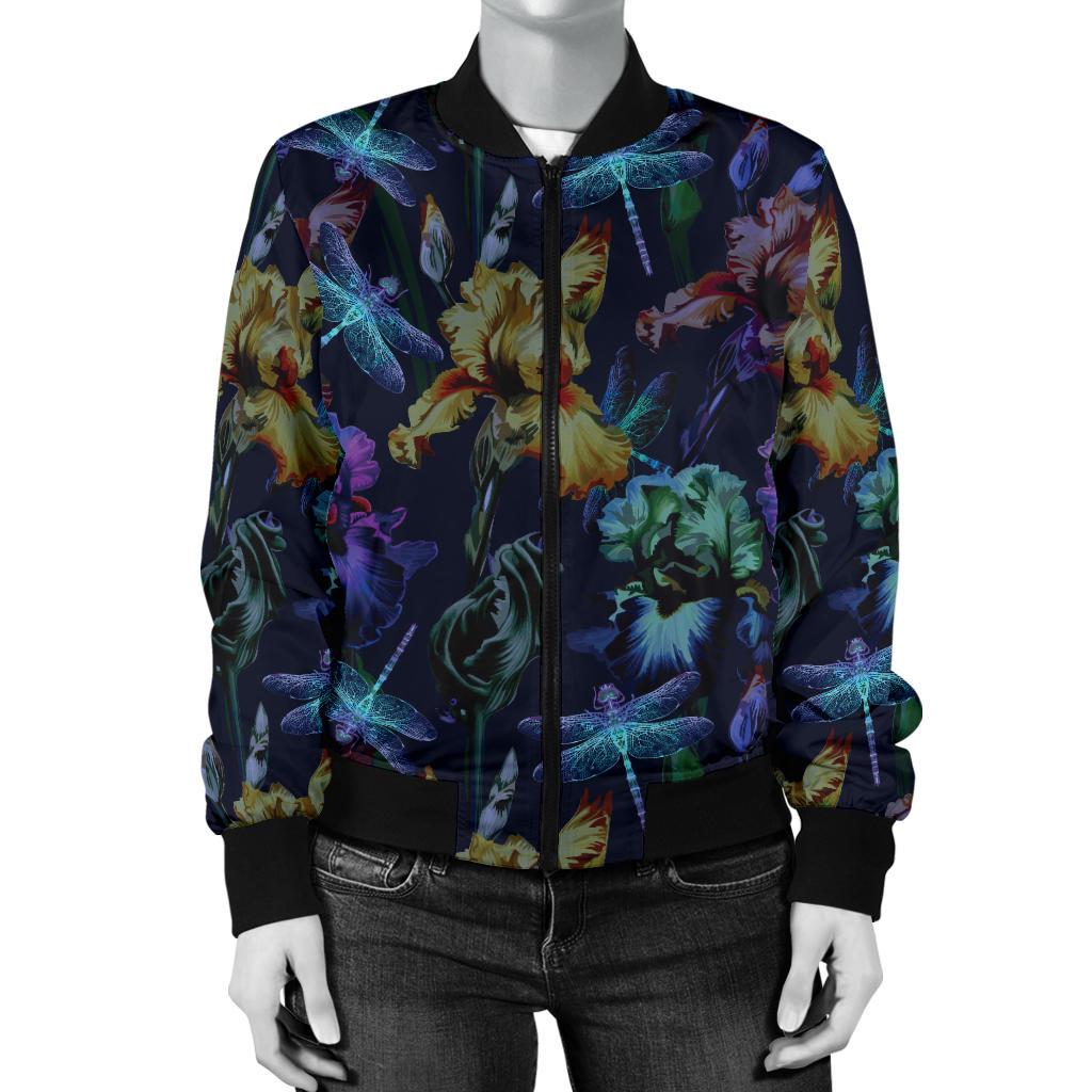 Dragonfly With Floral Print Pattern Women Casual Bomber Jacket