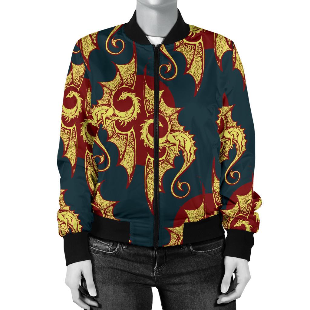 Dragons Gold Design Pattern Women Casual Bomber Jacket