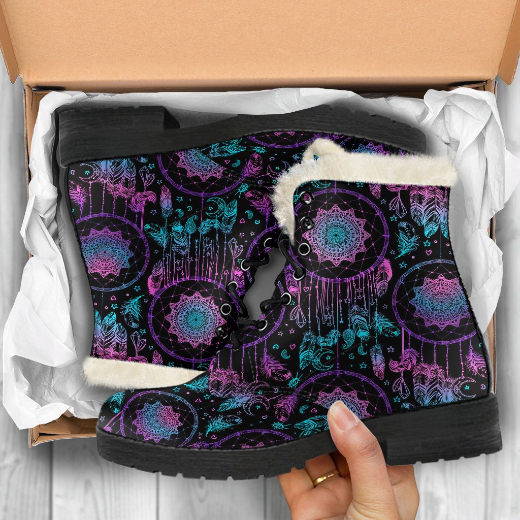 Dream catcher boho mandala Faux Fur Leather Boots-JTAMIGO.COM