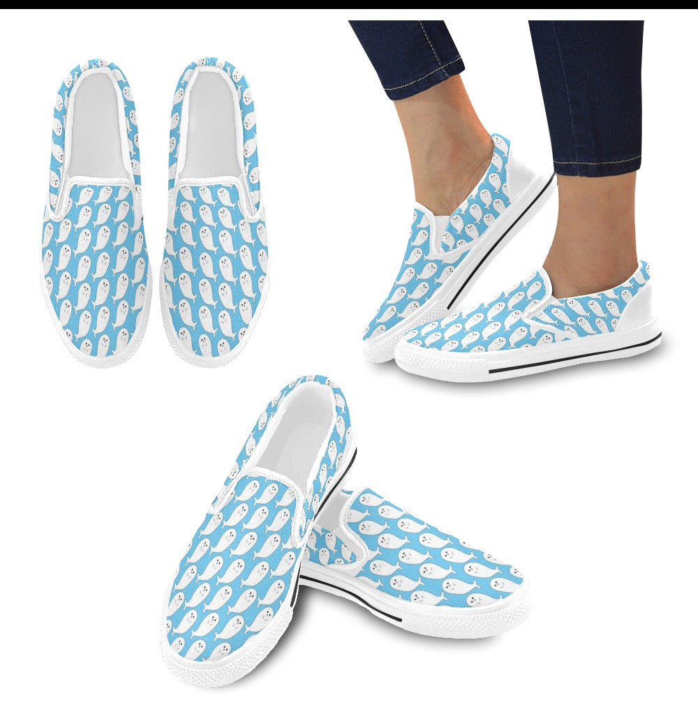 Sea Lion Print Design LKS402 White Slip Ons Canvas Women's Shoes