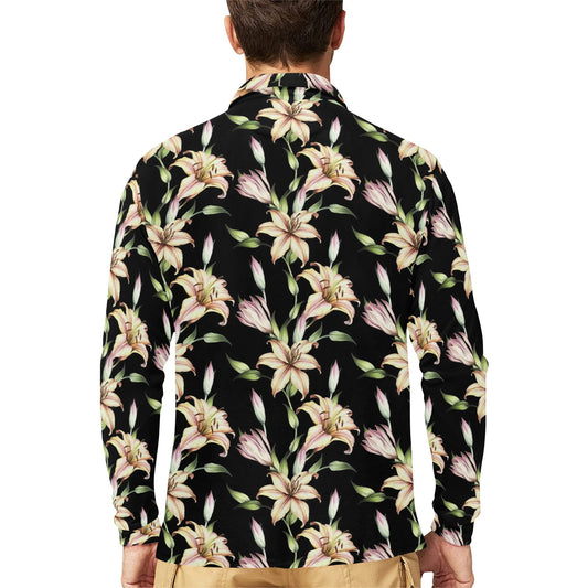 Lily Pattern Print Design LY05 Long Sleeve Polo Shirt For Men's
