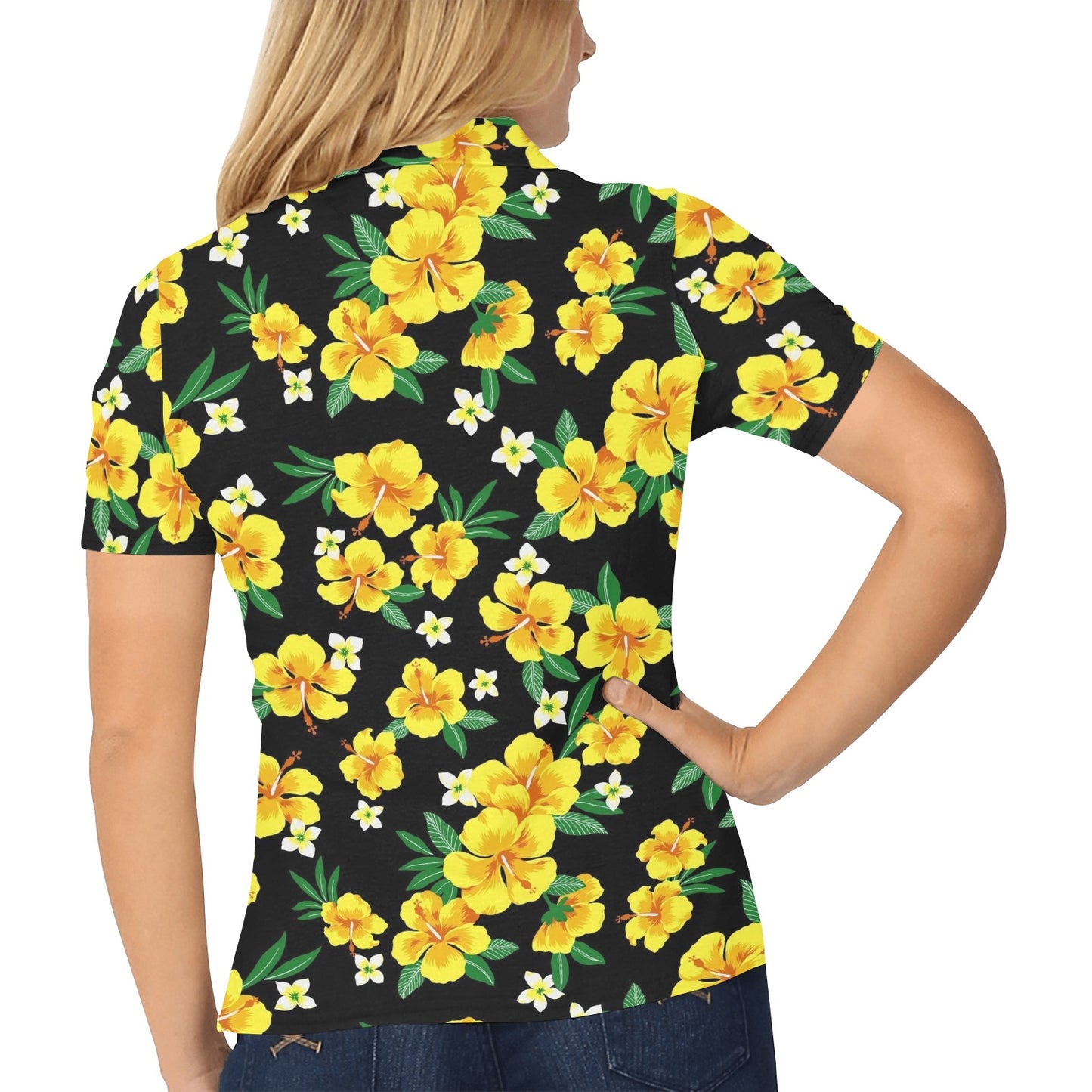 Yellow Hibiscus Pattern Print Design HB08 Women's Polo Shirt