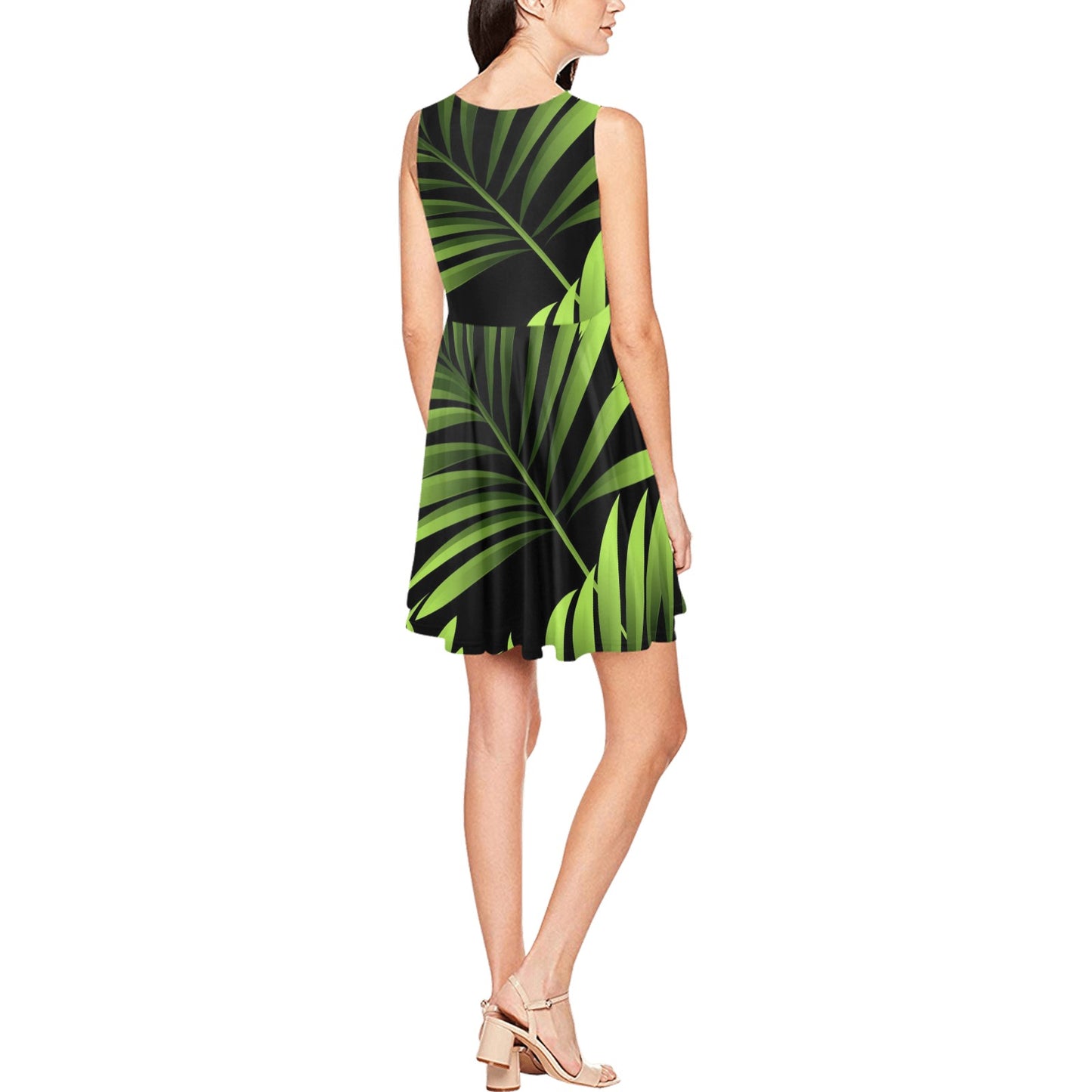 Green Neon Tropical Palm Leaves Sleeveless Dress