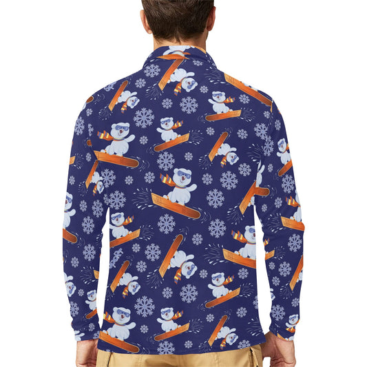 Snowboard Bear Print Design LKS305 Long Sleeve Polo Shirt For Men's