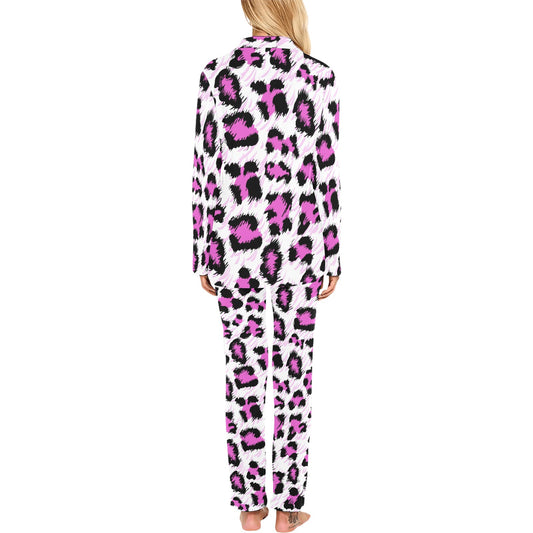 Leopard Pink Skin Print Women's Long Pajama Set