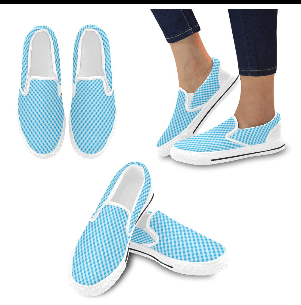 Gingham Print Design LKS401 White Slip Ons Canvas Women's Shoes