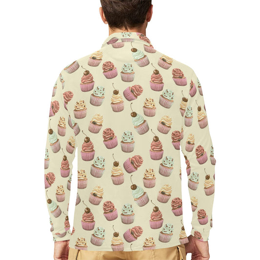 Cupcake Pattern Print Design 04 Long Sleeve Polo Shirt For Men's