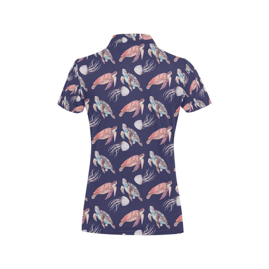 Sea Turtle With Jelly Fish Print Design LKS301 Women's Polo Shirt