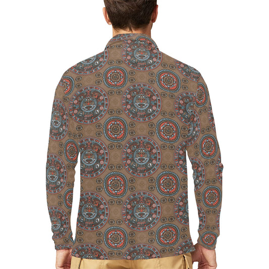 Calendar Aztec Design Print Pattern Long Sleeve Polo Shirt For Men's